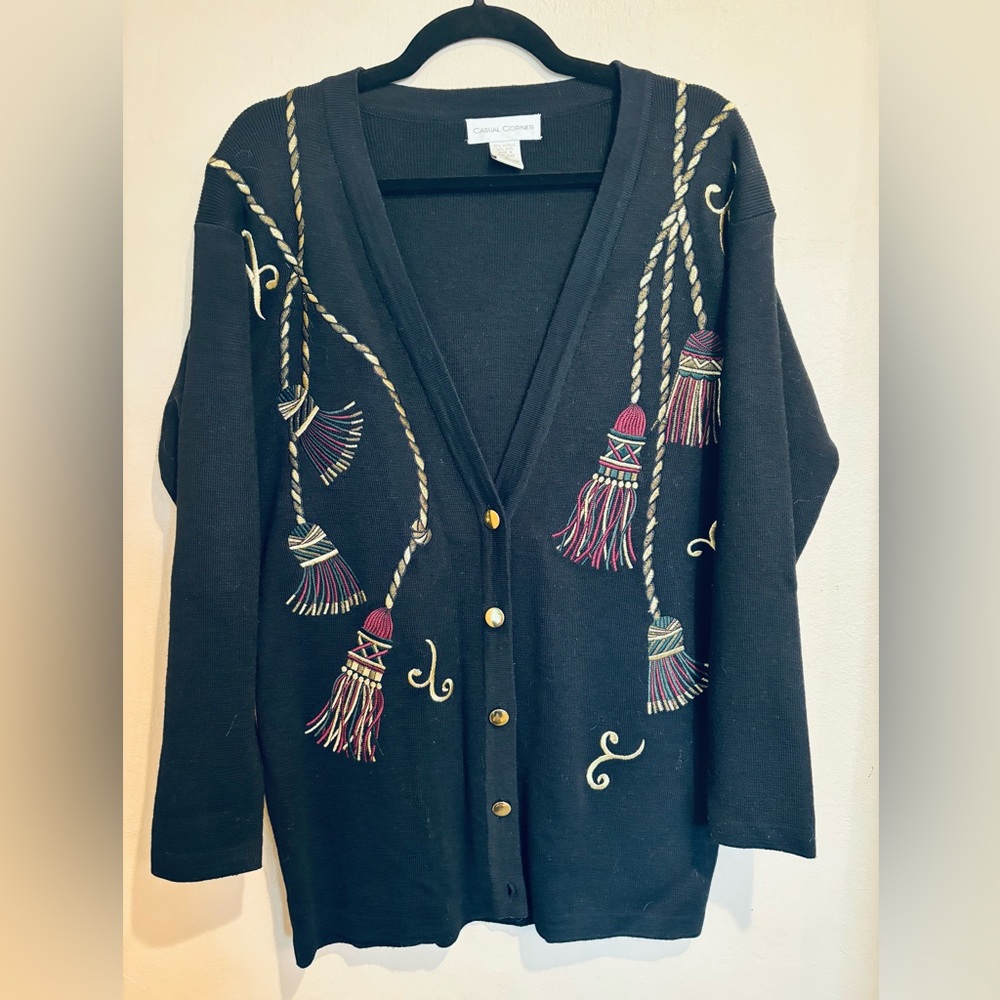 Raise The Curtains! Tassel Embroidered Black Cardigan, Vintage Casual Corner Sm